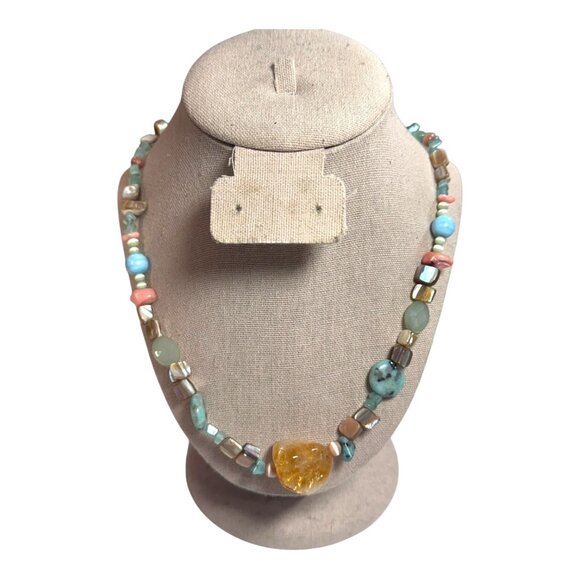 Handmade Beaded Necklace Turquoise Amber Multi Gemstone Ston Pendant 20" Abalone - Picture 1 of 8